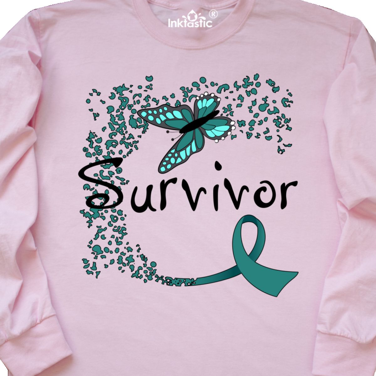 Butterfly Ribbon Long Sleeve T-Shirt Chemo Inktastic Ovarian Cancer Survivor