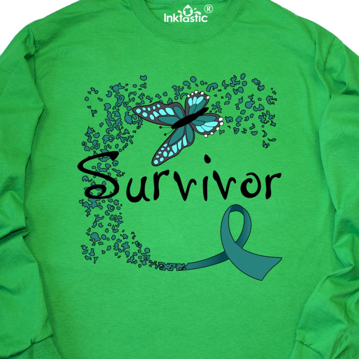 Butterfly Ribbon Long Sleeve T-Shirt Chemo Inktastic Ovarian Cancer Survivor