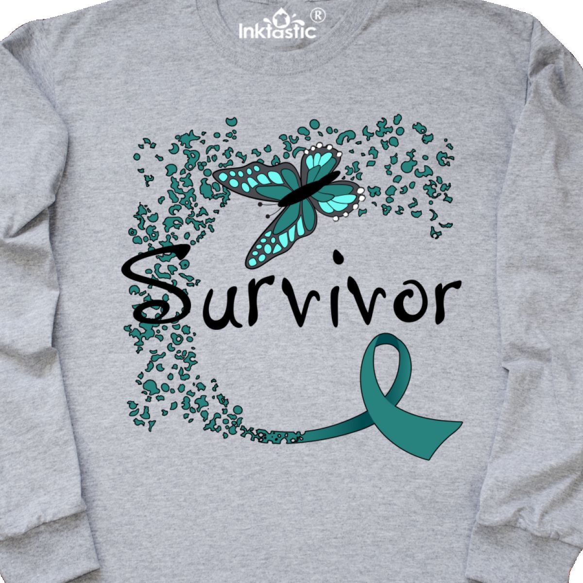 Butterfly Ribbon Long Sleeve T-Shirt Chemo Inktastic Ovarian Cancer Survivor