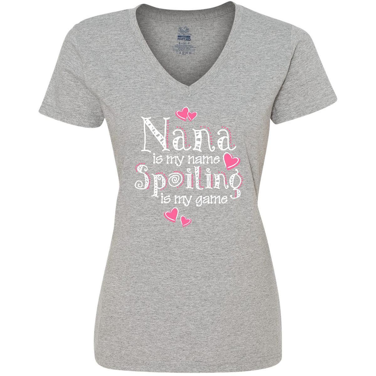 Inktastic Spoiling Nana Women's V-Neck T-Shirt My Name Game Grandma Heart Grand - Picture 3 of 3