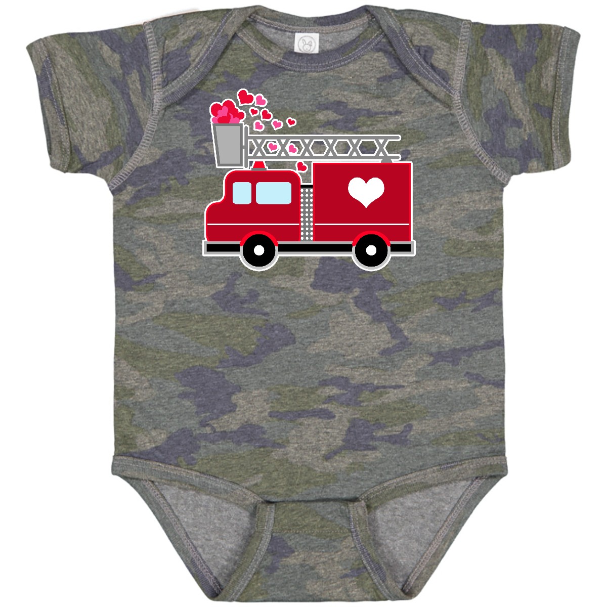 Inktastic Valentine’s Day Red Firetruck With Pink Hearts Baby Bodysuit Kids Love