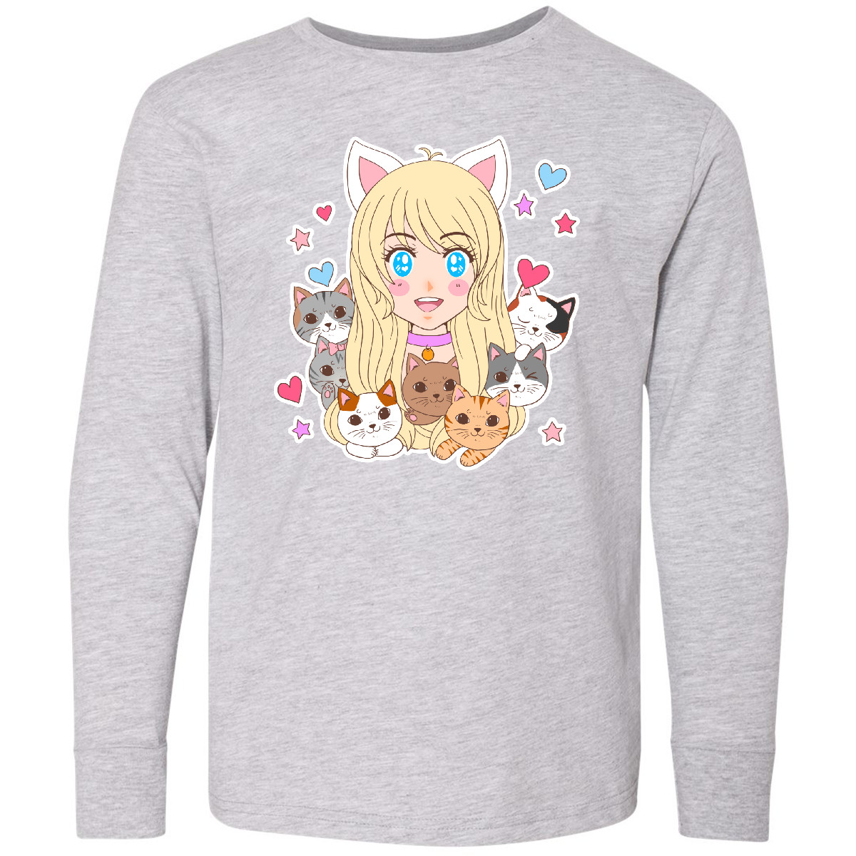 Inktastic Neko Anime Girl With Kittens Youth Long Sleeve T-Shirt Pop Culture Cat - Picture 2 of 6