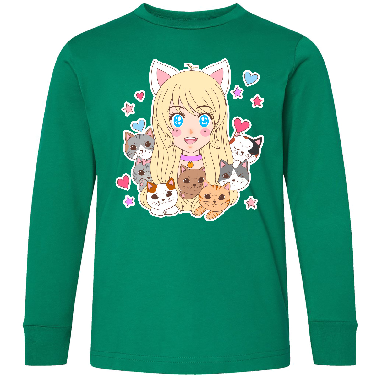 Inktastic Neko Anime Girl With Kittens Youth Long Sleeve T-Shirt Pop Culture Cat - Picture 3 of 6