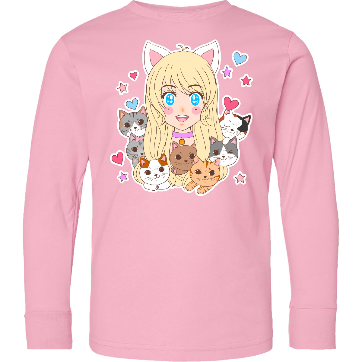Inktastic Neko Anime Girl With Kittens Youth Long Sleeve T-Shirt Pop Culture Cat - Picture 4 of 6