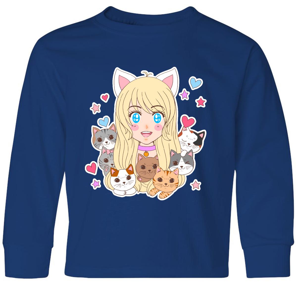Inktastic Neko Anime Girl With Kittens Youth Long Sleeve T-Shirt Pop Culture Cat - Picture 5 of 6