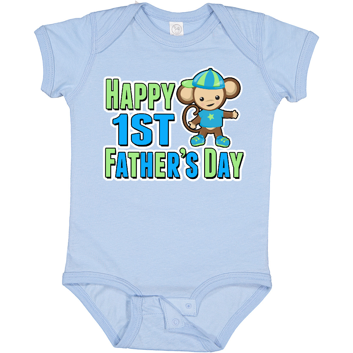 Body bébé Inktastic Happy 1ère fête des pères avec singe 2024 en bleu enfant mignon