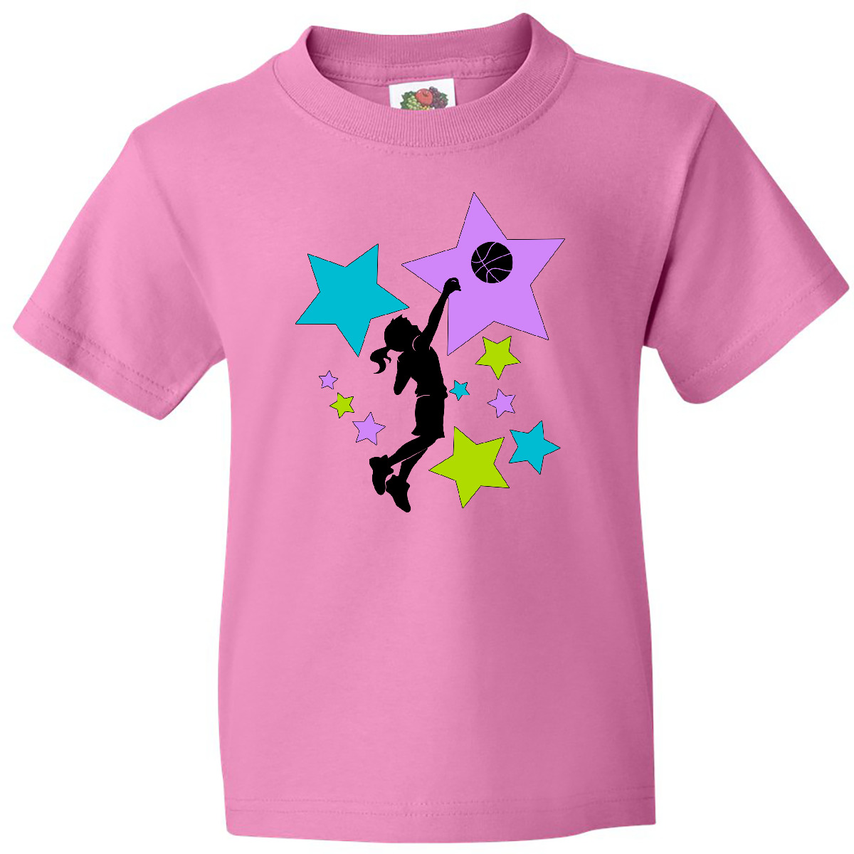 Inktastic Girl Playing Basketball Purple, Blue, Green Stars Youth T-Shirt Play - Picture 2 of 5