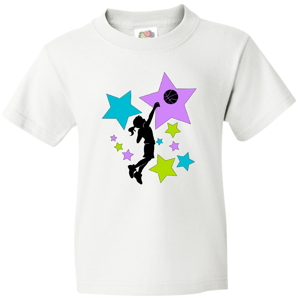 Inktastic Girl Playing Basketball Purple, Blue, Green Stars Youth T-Shirt Play - Picture 5 of 5
