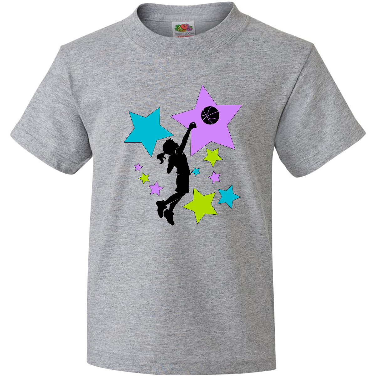 Inktastic Girl Playing Basketball Purple, Blue, Green Stars Youth T-Shirt Play - Picture 3 of 5