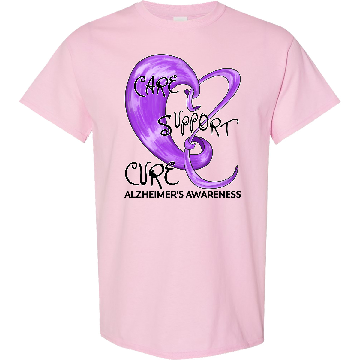 Inktastic Care, Support, Cure- Alzheimers Awareness T-Shirt Purple Ribbon Look
