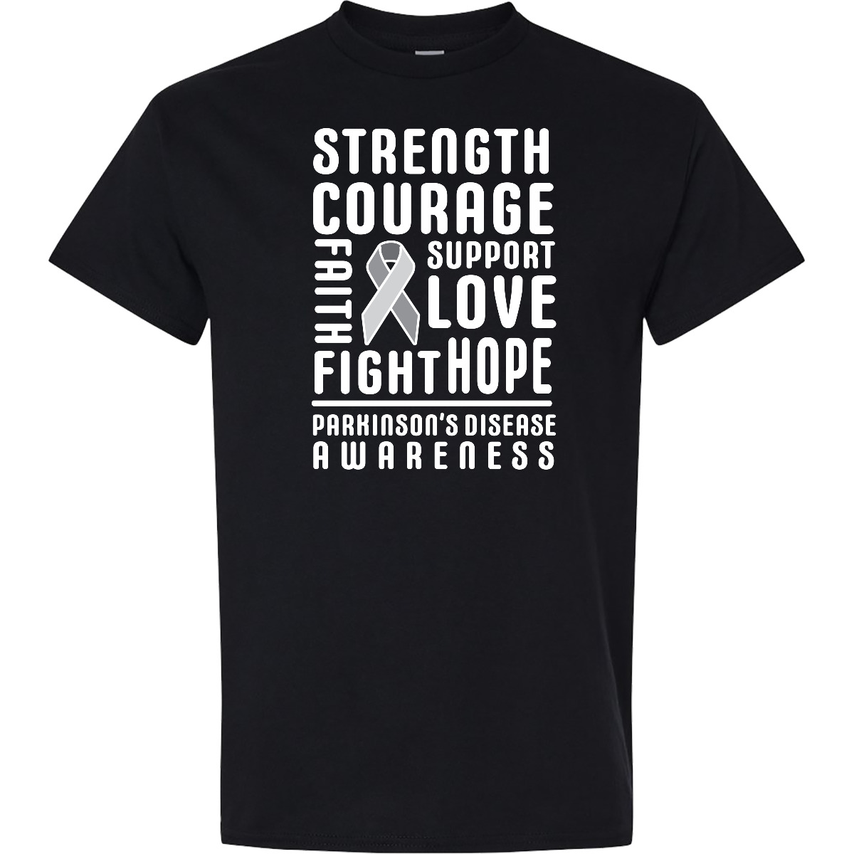 Inktastic Parkinson Disease Awareness Strength Courage And Support T-Shirt Gray