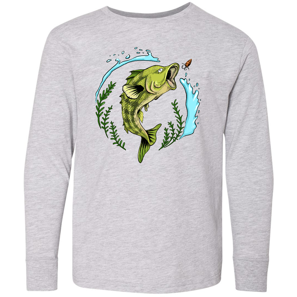 Inktastic Leaping Bass Fish- Fishing Illustration Youth Long Sleeve T-Shirt Lake - Picture 3 of 6
