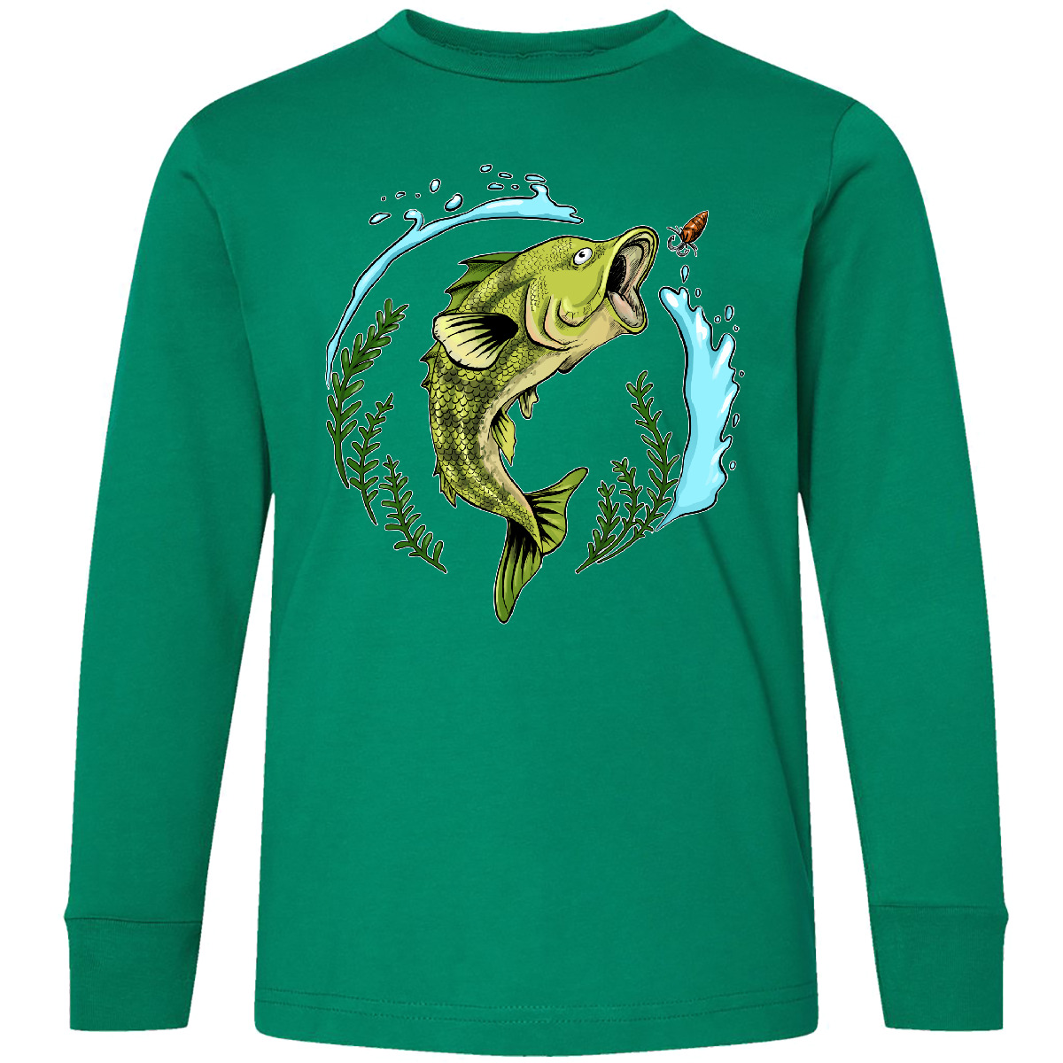 Inktastic Leaping Bass Fish- Fishing Illustration Youth Long Sleeve T-Shirt Lake - Picture 4 of 6