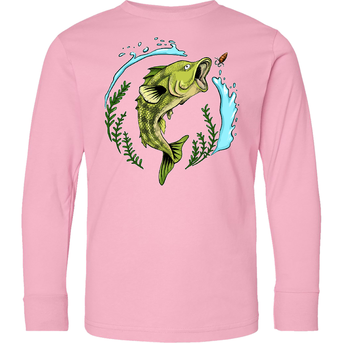 Inktastic Leaping Bass Fish- Fishing Illustration Youth Long Sleeve T-Shirt Lake - Picture 5 of 6
