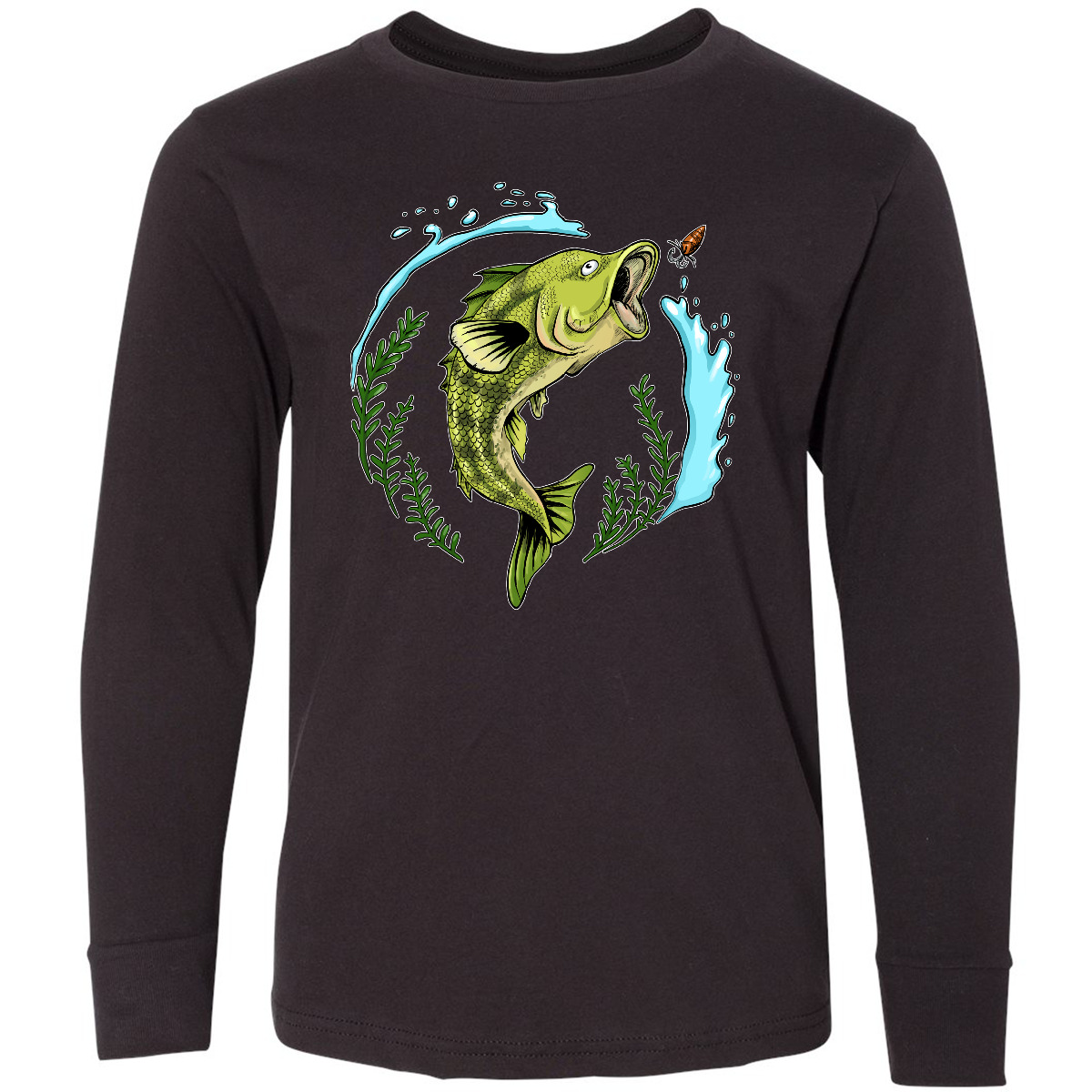 Inktastic Leaping Bass Fish- Fishing Illustration Youth Long Sleeve T-Shirt Lake - Picture 2 of 6
