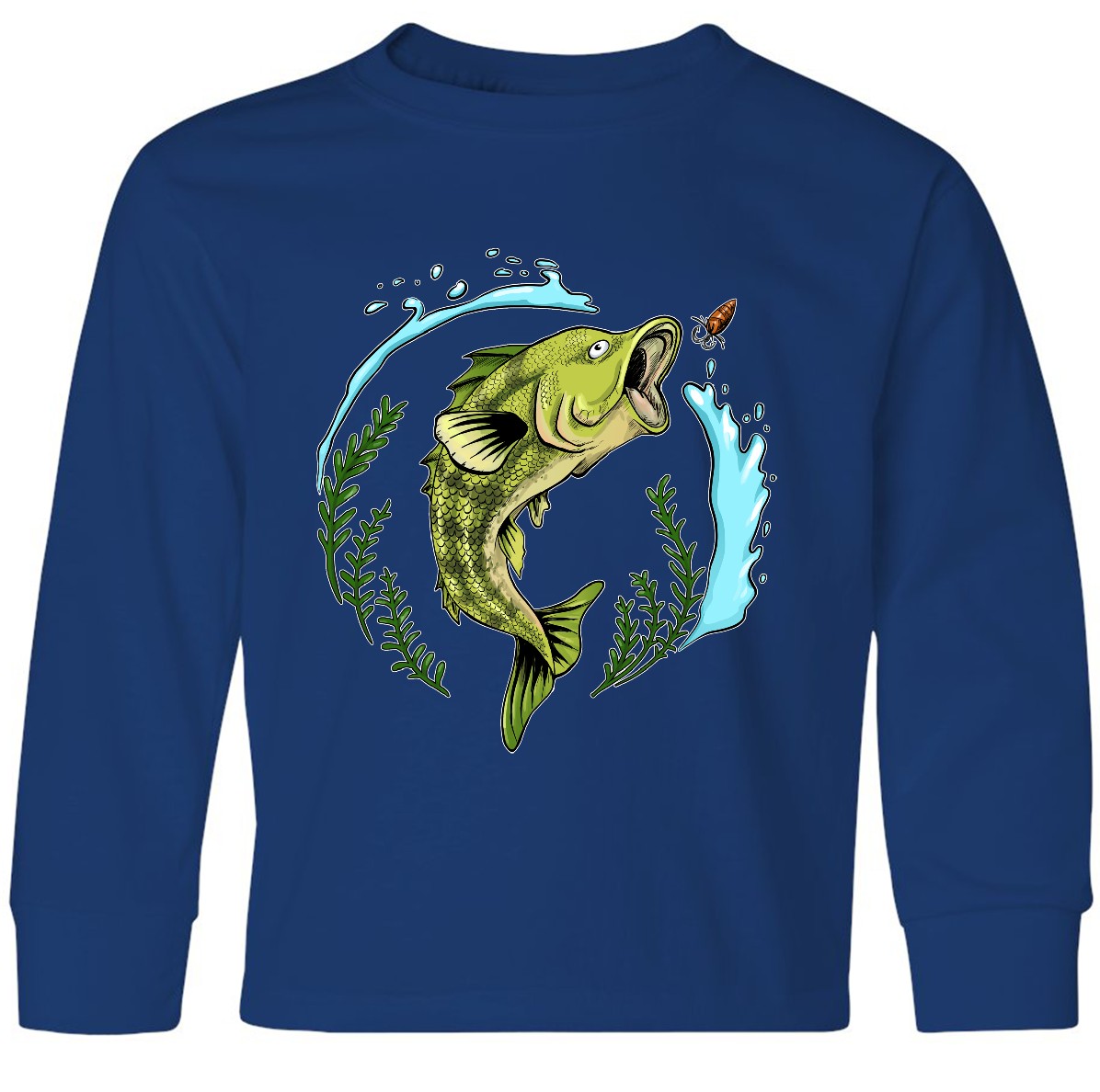 Inktastic Leaping Bass Fish- Fishing Illustration Youth Long Sleeve T-Shirt Lake - Picture 6 of 6