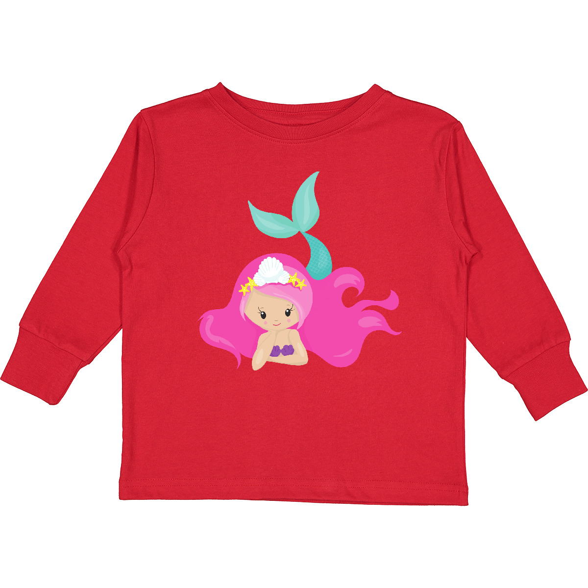Inktastic Cute Mermaid, Pink Hair, Little Mermaid, Toddler Long Sleeve T-Shirt - Picture 8 of 10