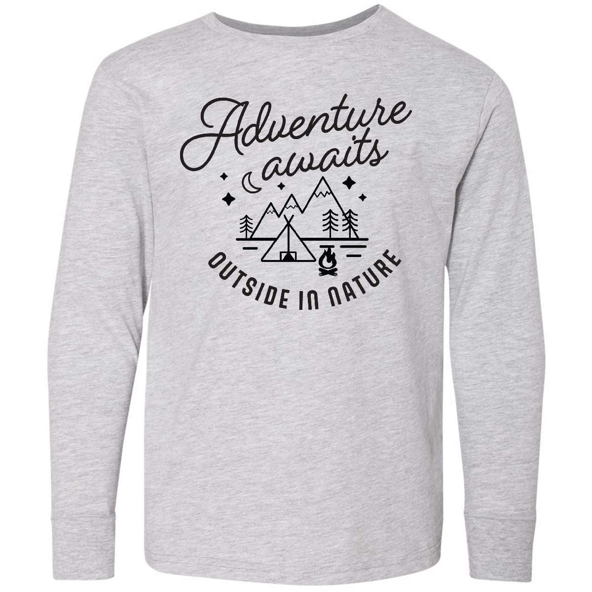 Inktastic Adventure Awaits Outside In Nature With Tent Youth Long Sleeve T-Shirt - Picture 2 of 4