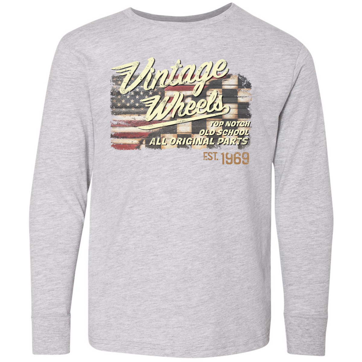 Inktastic Vintage Wheels Over Top American Racing Flag Youth Long Sleeve T-Shirt - Picture 3 of 5