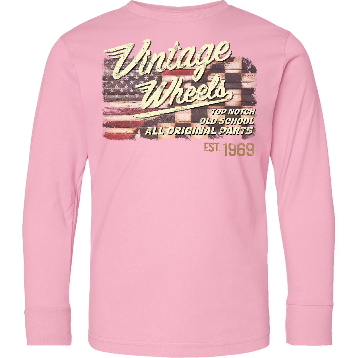 Inktastic Vintage Wheels Over Top American Racing Flag Youth Long Sleeve T-Shirt - Picture 4 of 5