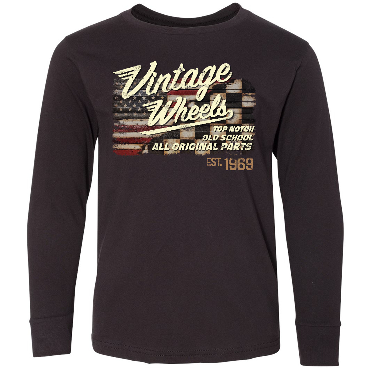 Inktastic Vintage Wheels Over Top American Racing Flag Youth Long Sleeve T-Shirt - Picture 2 of 5