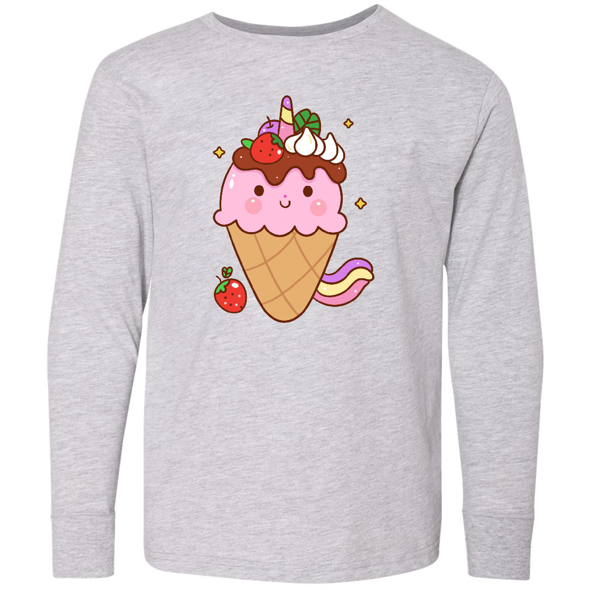 Inktastic Kawaii Ice Cream Cone Youth Long Sleeve T-Shirt Strawberry Girl Cute - Picture 3 of 6