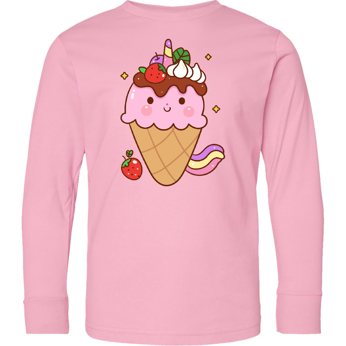 Inktastic Kawaii Ice Cream Cone Youth Long Sleeve T-Shirt Strawberry Girl Cute - Picture 5 of 6