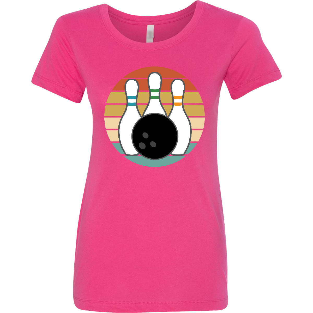Inktastic Bowling Pins Ball Bowler Retro Sunset Women’s T-Shirt Bowl Sports Club