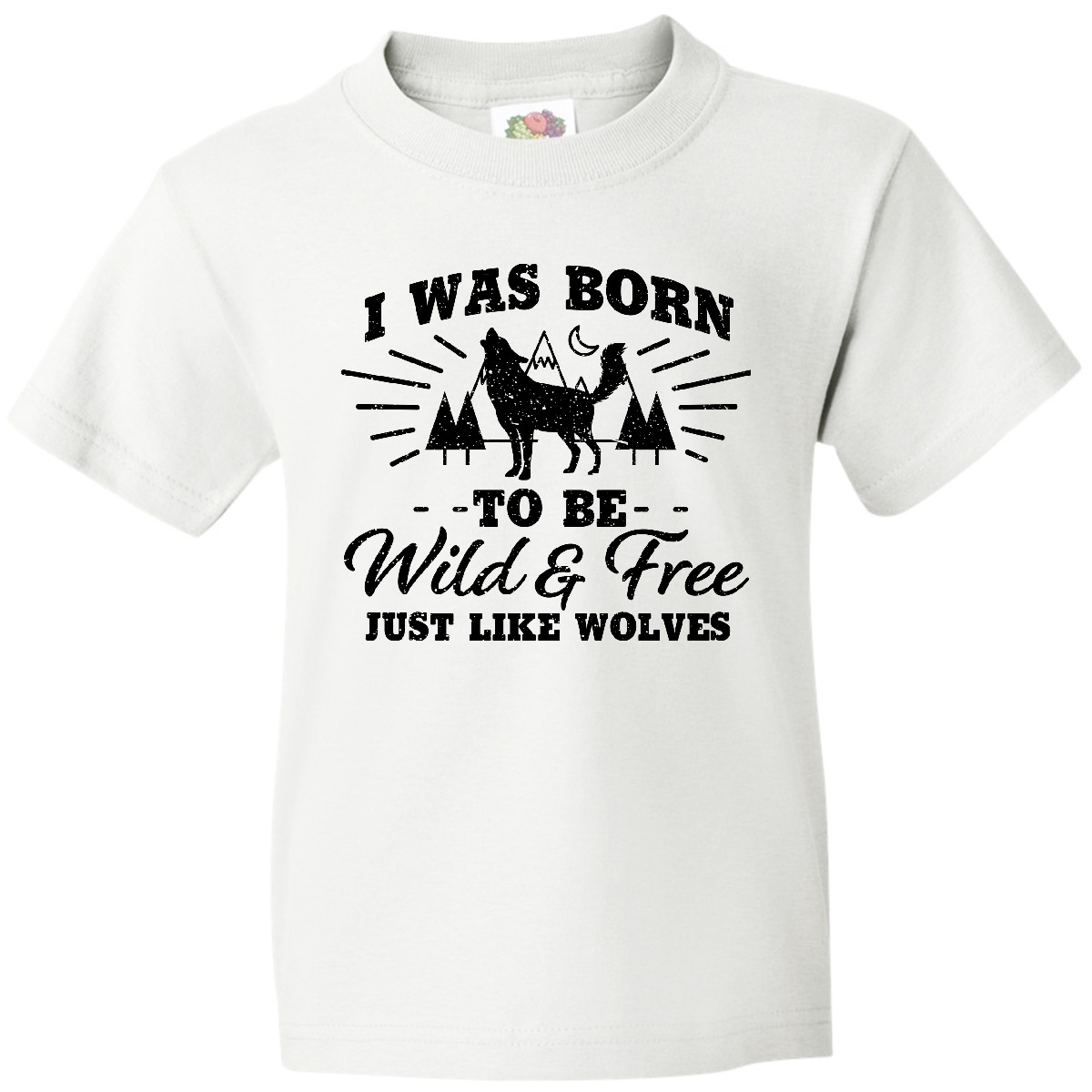 Inktastic I Was Born To Be Wild And Free With Wolf And Mountains Youth T-Shirt - Picture 10 of 10