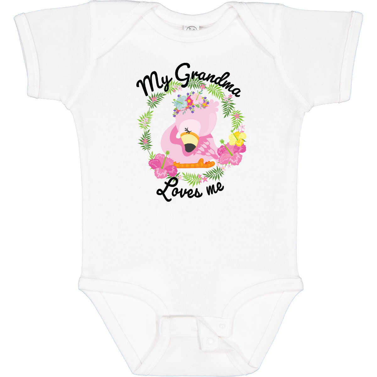 Inktastic Baby Flamingo Meine Oma liebt mich mit Blumenkranz Baby Body - Bild 8 von 9