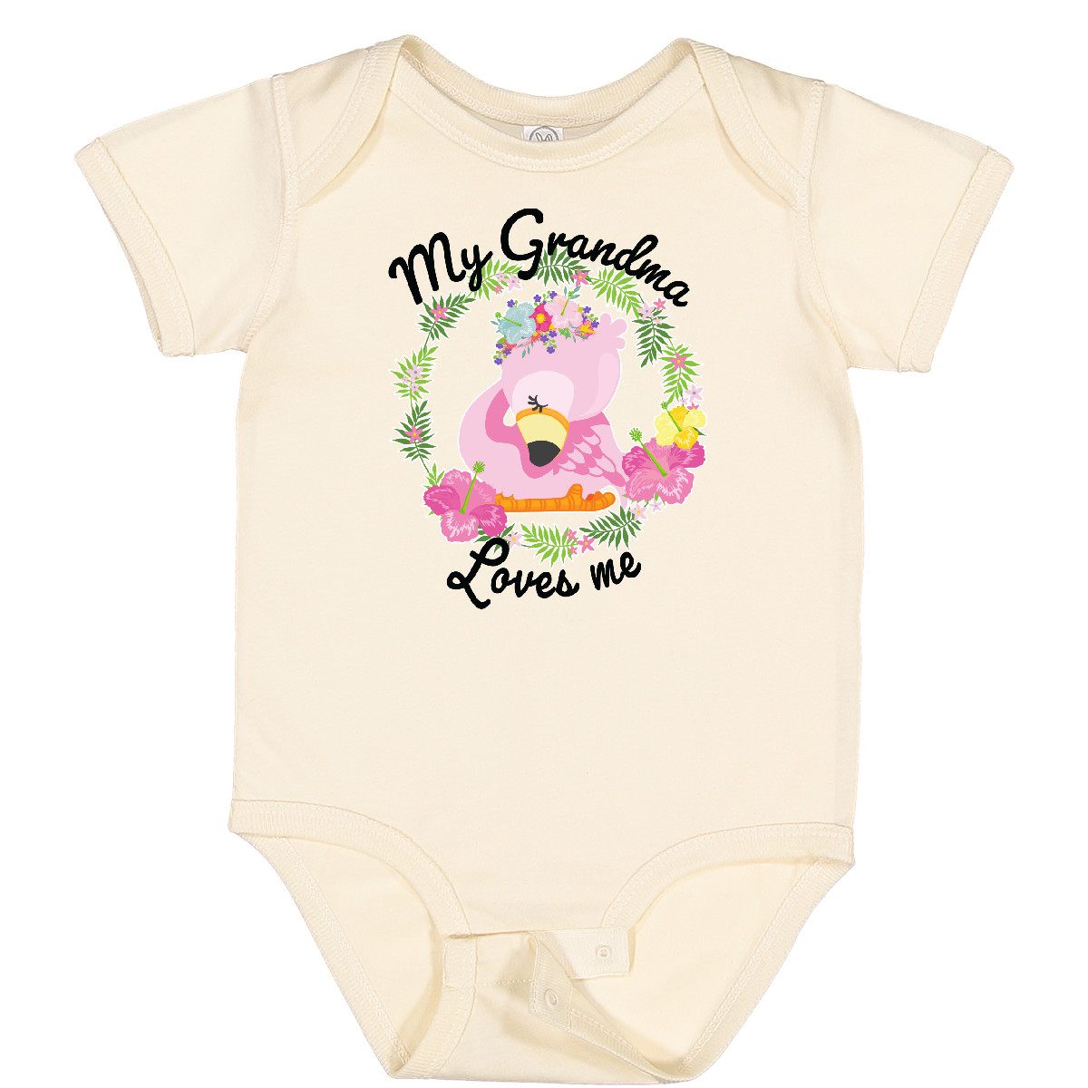 Inktastic Baby Flamingo Meine Oma liebt mich mit Blumenkranz Baby Body - Bild 7 von 9