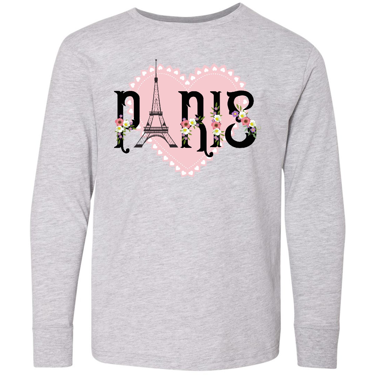 Inktastic Paris Pink Heart Eiffel Tower With Flowers Youth Long Sleeve T-Shirt - Picture 2 of 2