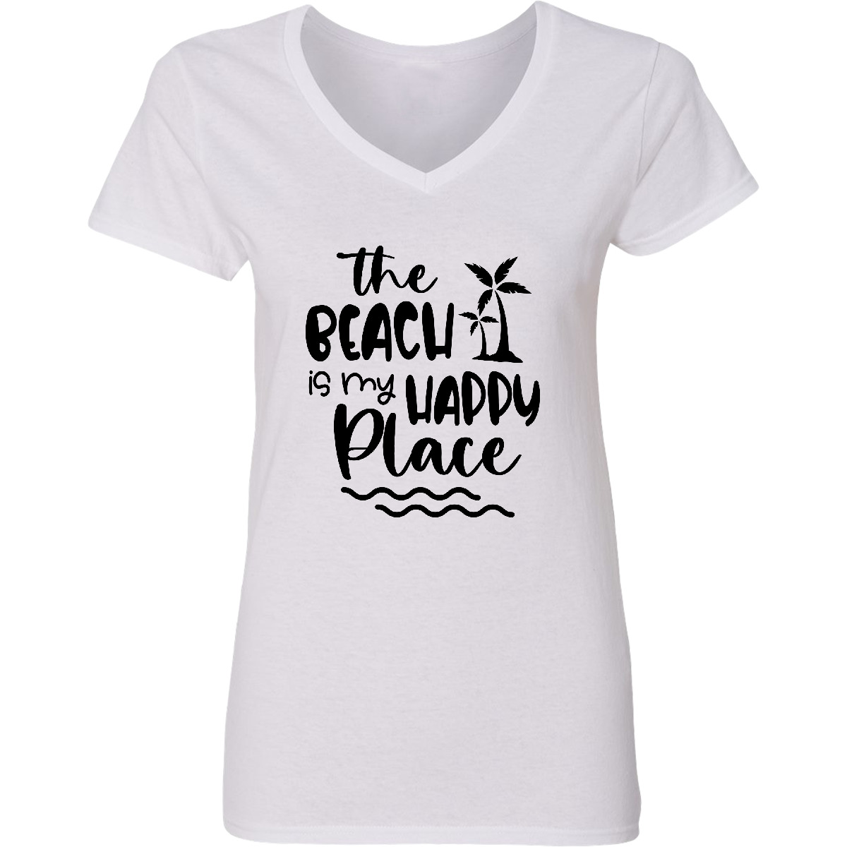Inktastic Spring Break The Beach Is My Happy Place Women’s V-Neck T-Shirt I Love