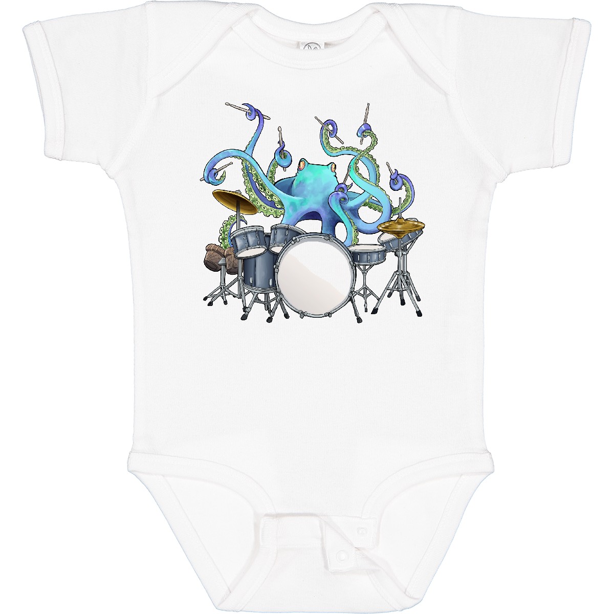 Inktastic Cute Blue Octopus Drumming Baby Bodysuit Sea Life Drums Drummer Drum - Picture 9 of 9