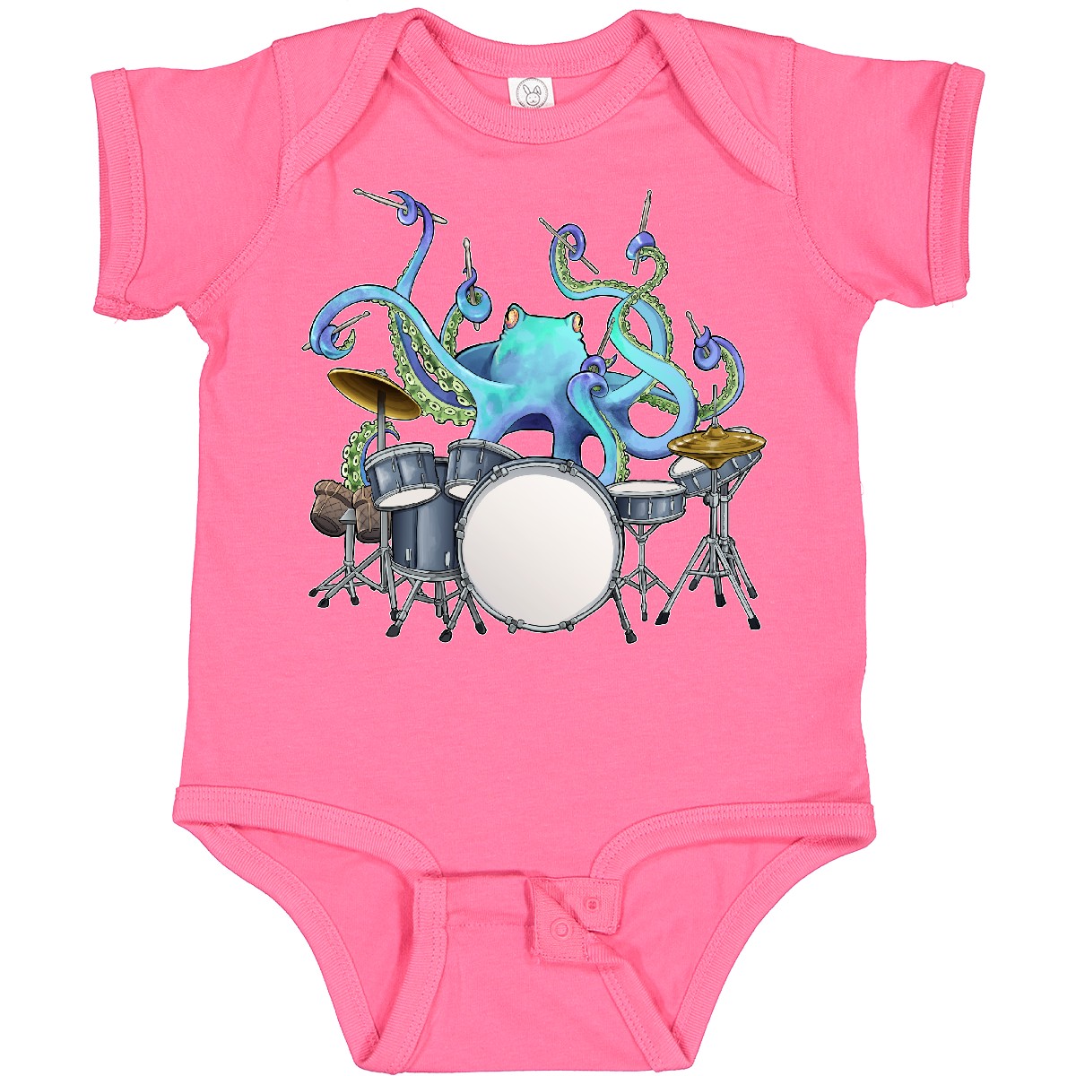 Inktastic Cute Blue Octopus Drumming Baby Bodysuit Sea Life Drums Drummer Drum - Picture 5 of 9