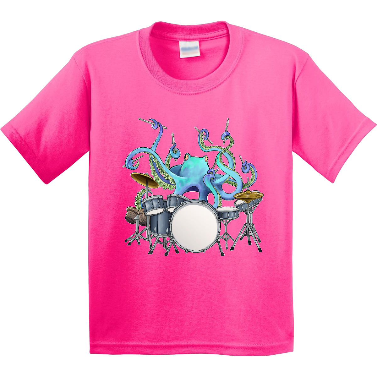Inktastic Cute Blue Octopus Drumming Youth T-Shirt Sea Life Drums Drummer Drum - Picture 5 of 11