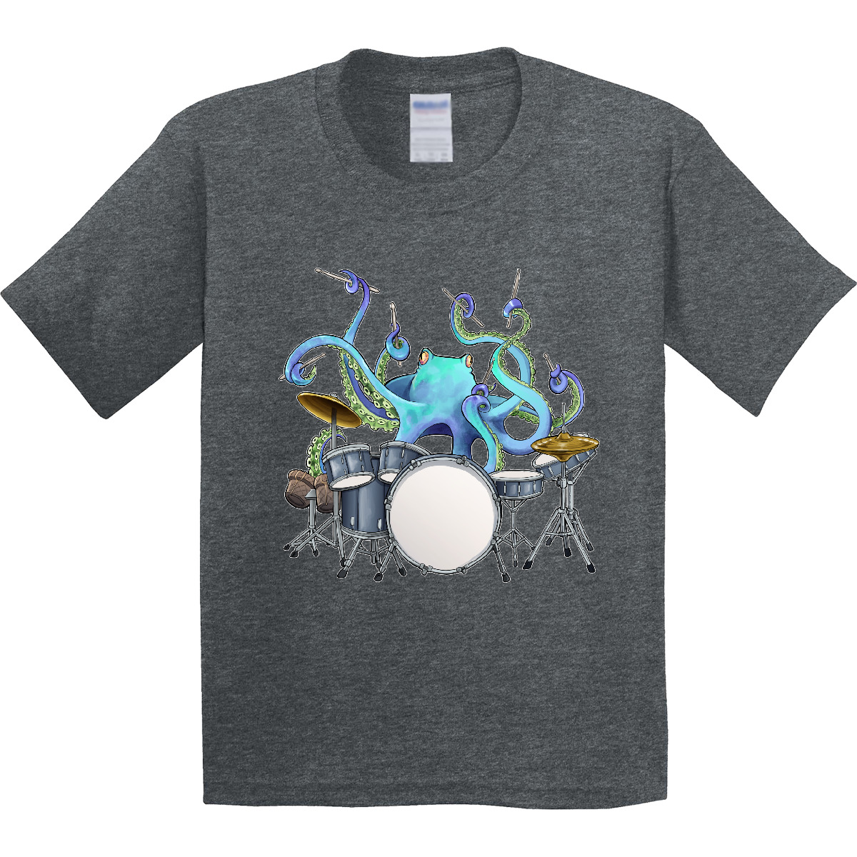 Inktastic Cute Blue Octopus Drumming Youth T-Shirt Sea Life Drums Drummer Drum - Picture 8 of 11