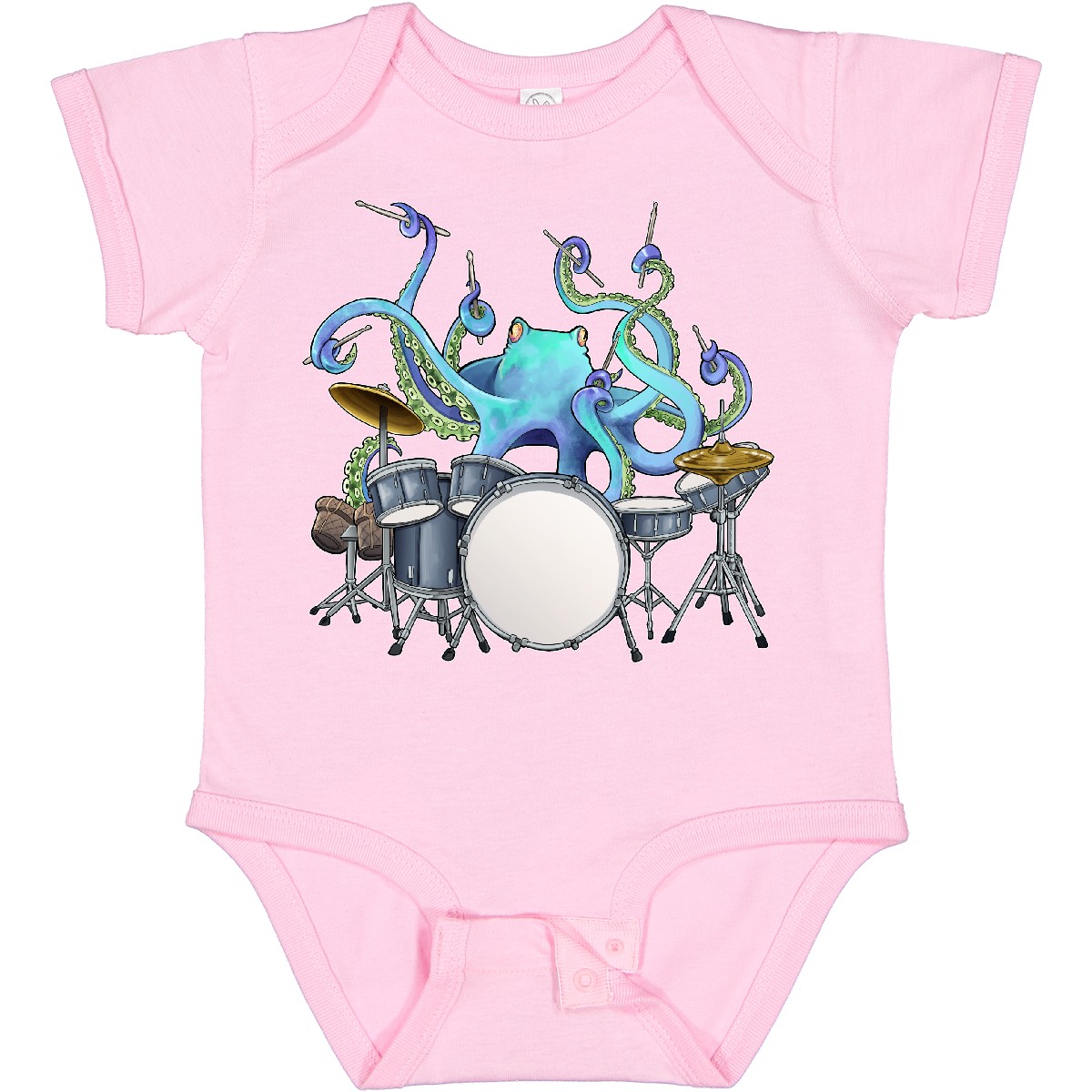 Inktastic Cute Blue Octopus Drumming Baby Bodysuit Sea Life Drums Drummer Drum - Picture 8 of 9