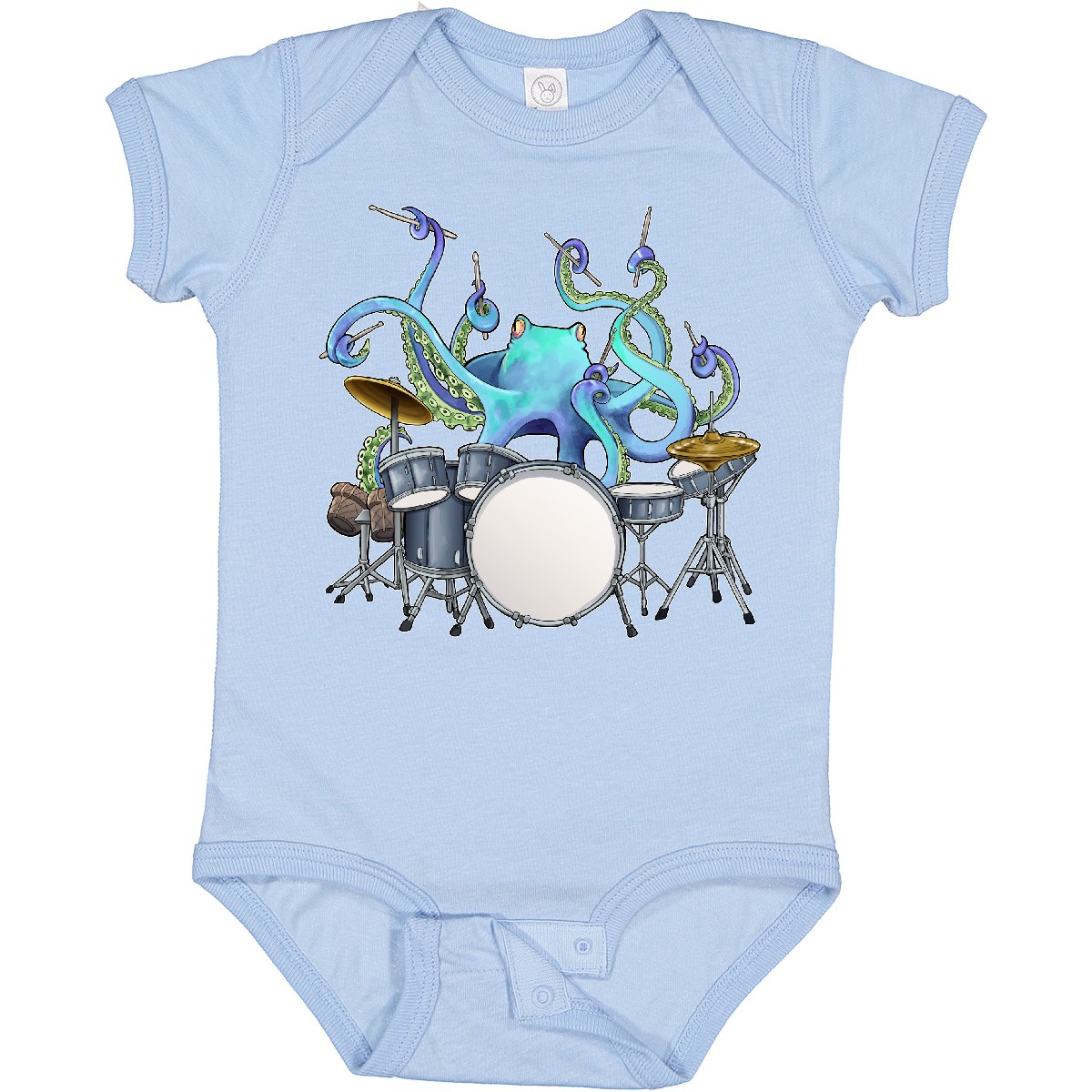 Inktastic Cute Blue Octopus Drumming Baby Bodysuit Sea Life Drums Drummer Drum - Picture 3 of 9