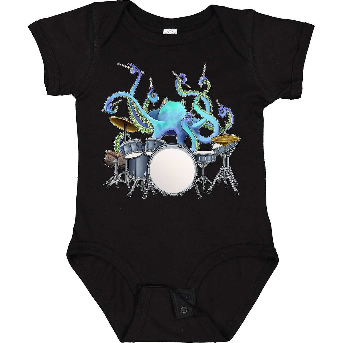 Inktastic Cute Blue Octopus Drumming Baby Bodysuit Sea Life Drums Drummer Drum - Picture 2 of 9