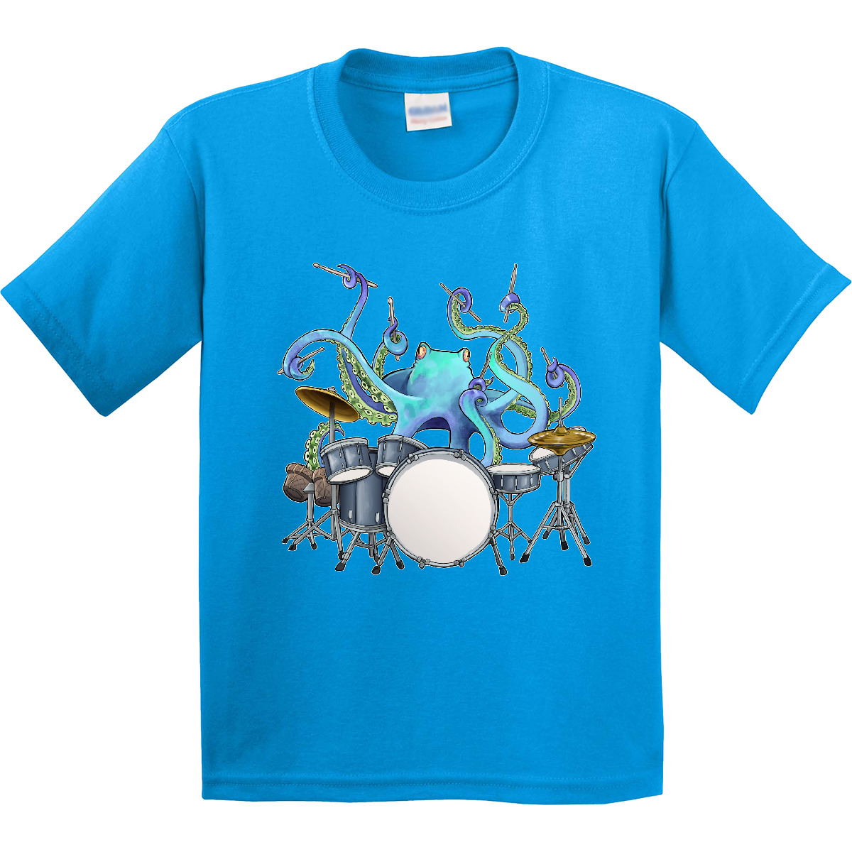 Inktastic Cute Blue Octopus Drumming Youth T-Shirt Sea Life Drums Drummer Drum - Picture 6 of 11