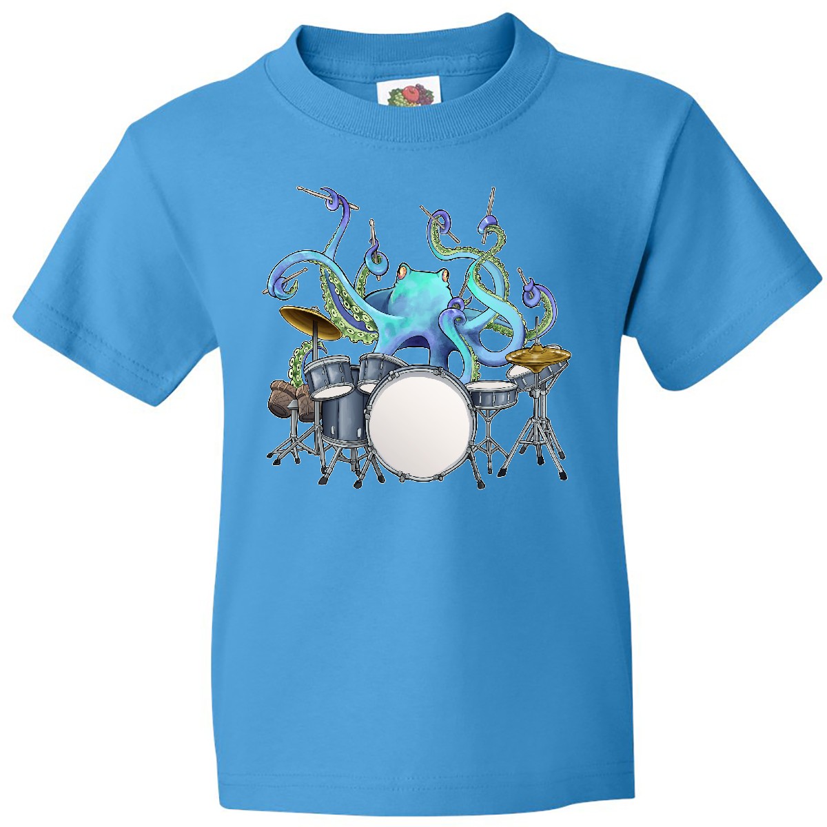 Inktastic Cute Blue Octopus Drumming Youth T-Shirt Sea Life Drums Drummer Drum - Picture 7 of 10