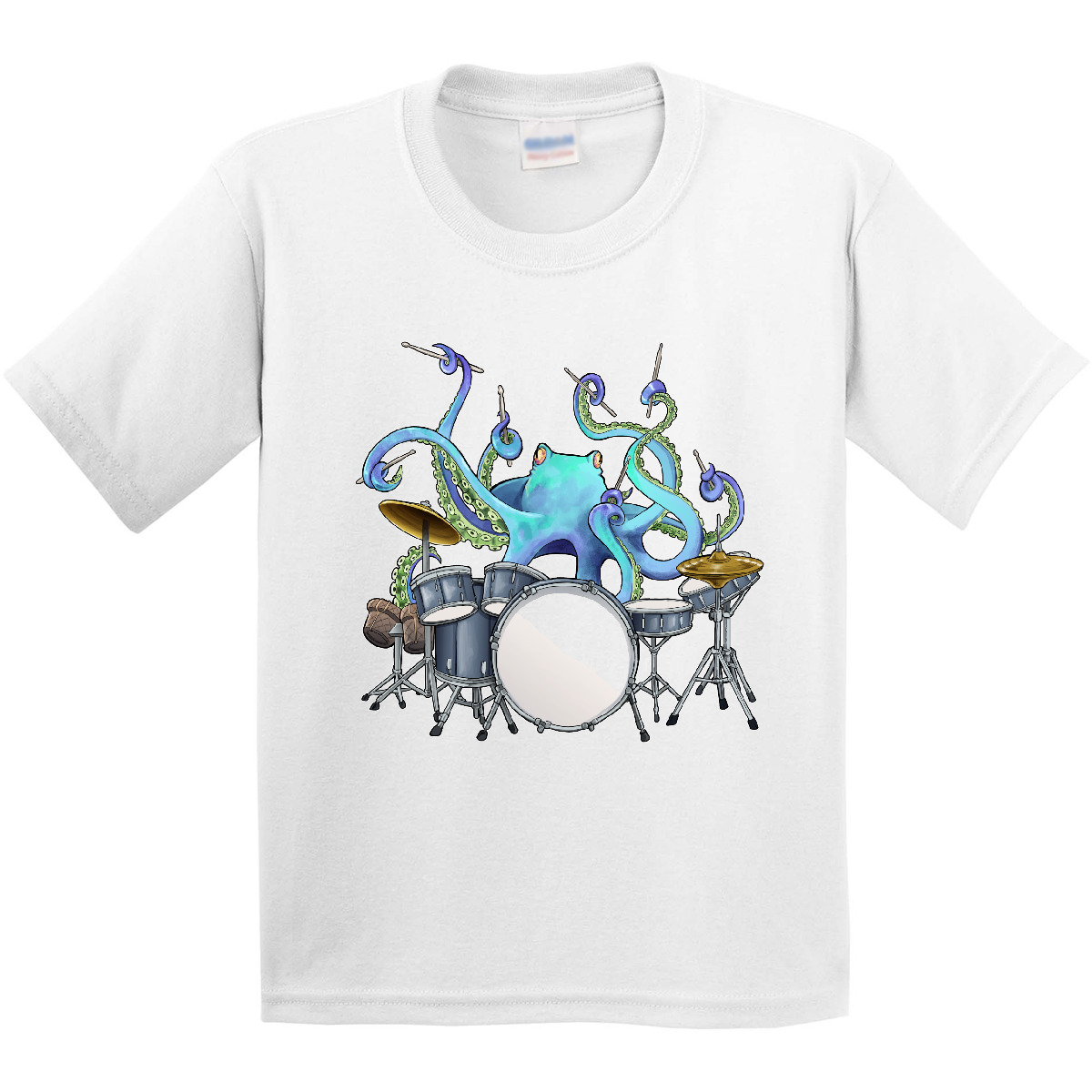 Inktastic Cute Blue Octopus Drumming Youth T-Shirt Sea Life Drums Drummer Drum - Picture 11 of 11