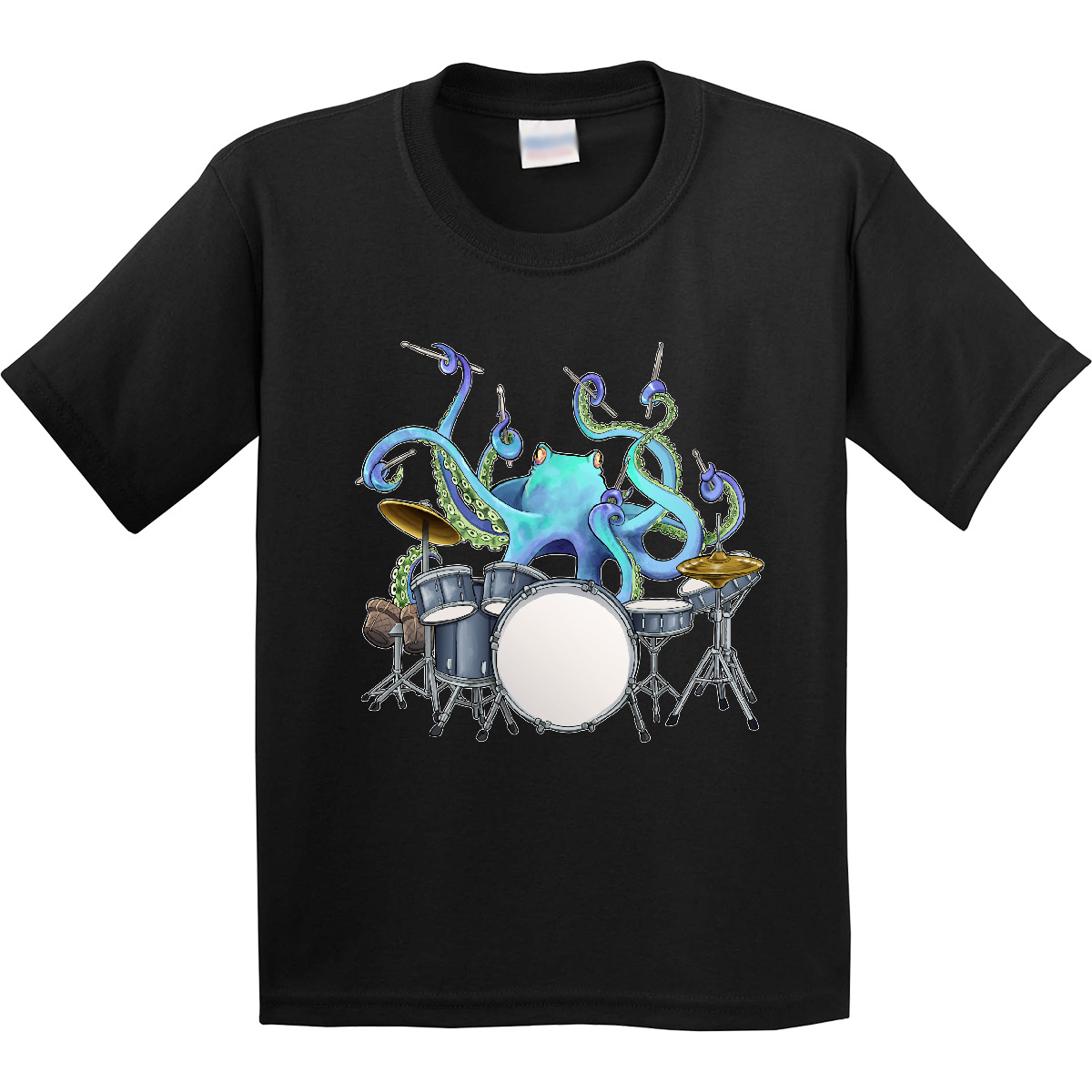 Inktastic Cute Blue Octopus Drumming Youth T-Shirt Sea Life Drums Drummer Drum - Picture 3 of 11