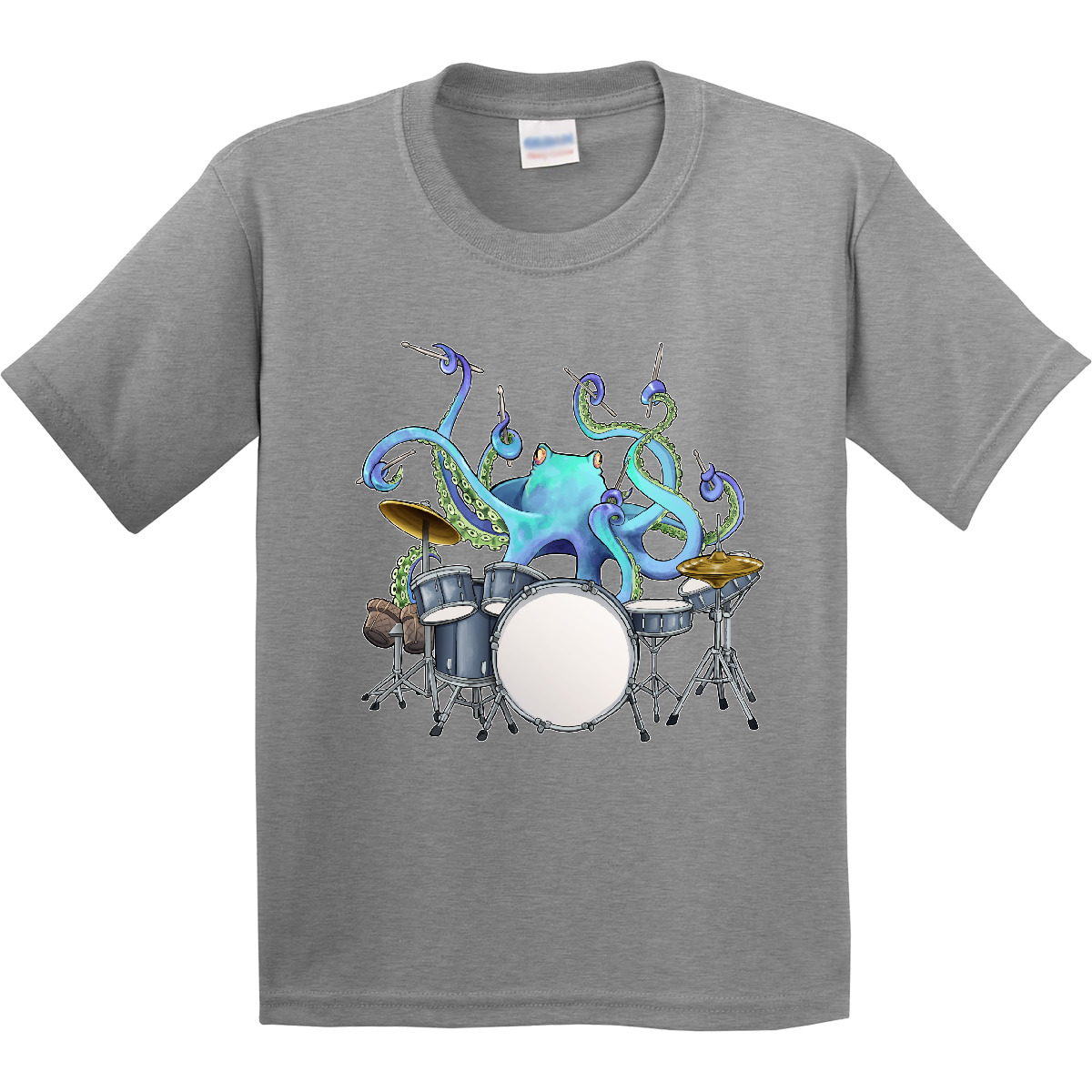 Inktastic Cute Blue Octopus Drumming Youth T-Shirt Sea Life Drums Drummer Drum - Picture 4 of 11