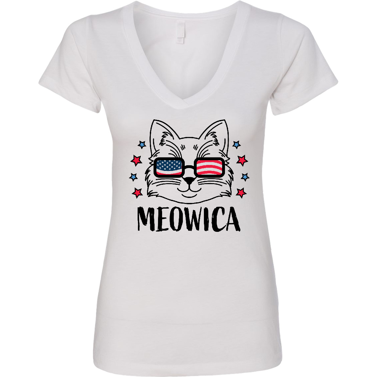 Inktastic 4th Of July Meowica Cat In Flag Sonnenbrille Damen V-Ausschnitt T-Shirt Tag - Bild 6 von 6