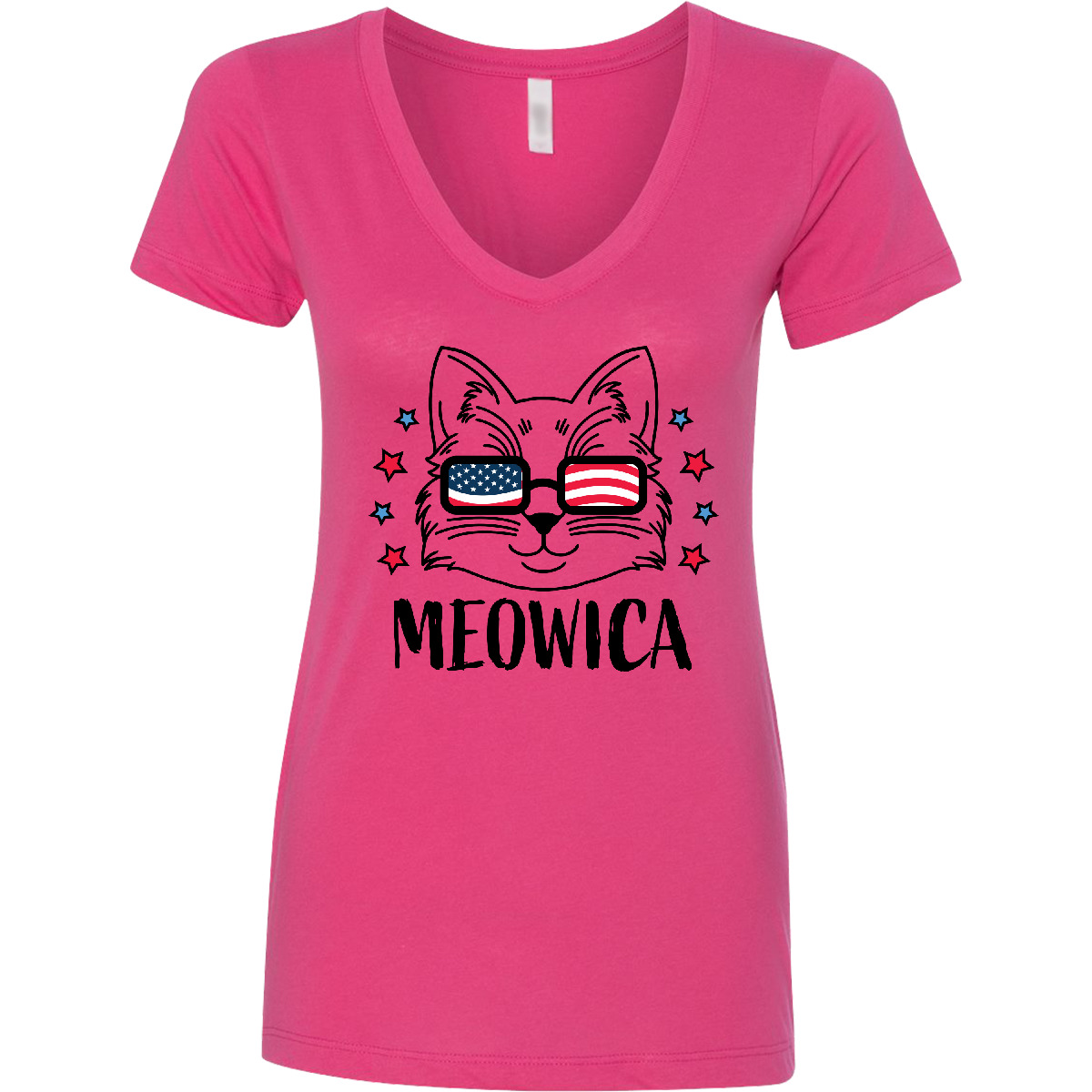 Inktastic 4th Of July Meowica Cat In Flag Sonnenbrille Damen V-Ausschnitt T-Shirt Tag - Bild 3 von 6