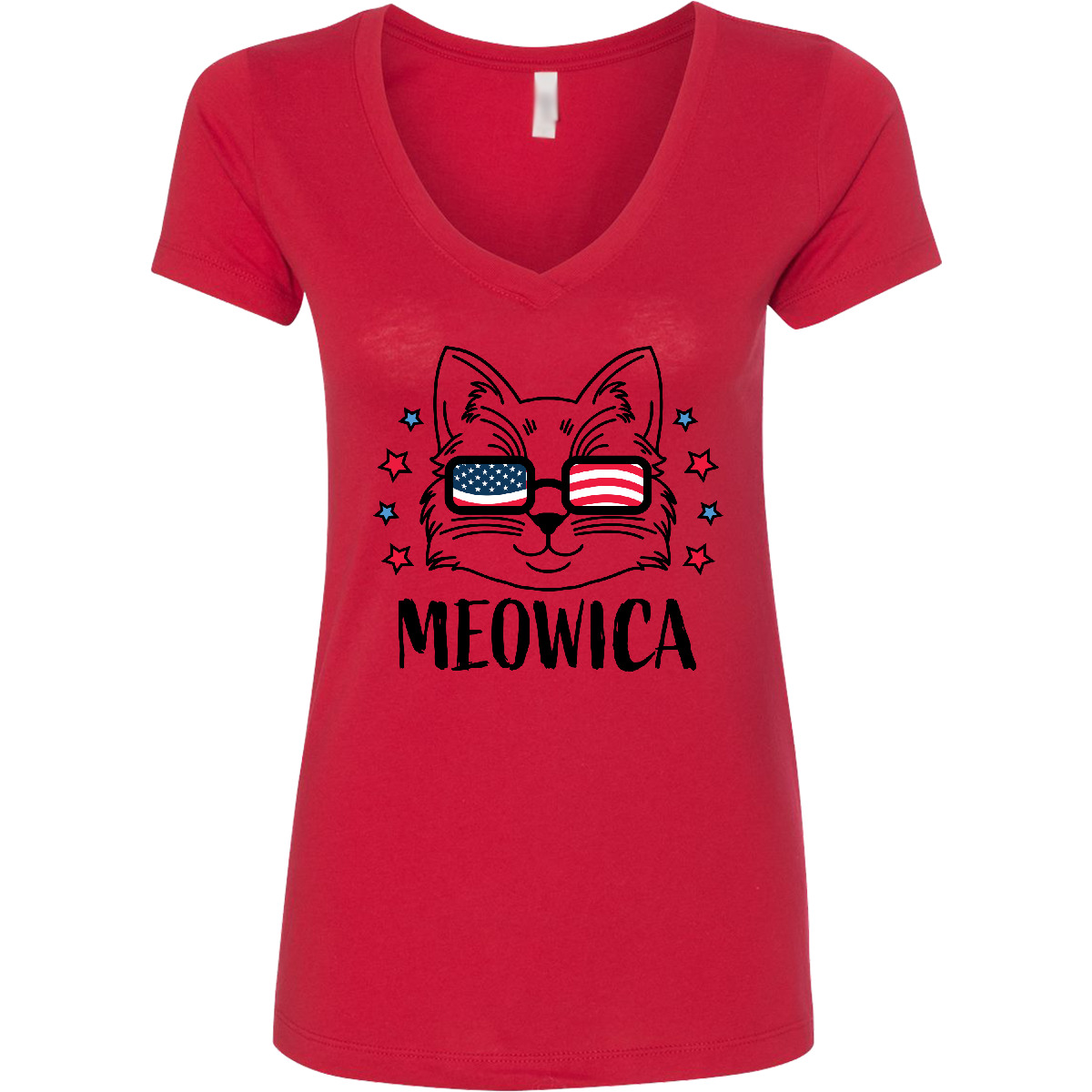 Inktastic 4th Of July Meowica Cat In Flag Sonnenbrille Damen V-Ausschnitt T-Shirt Tag - Bild 5 von 6