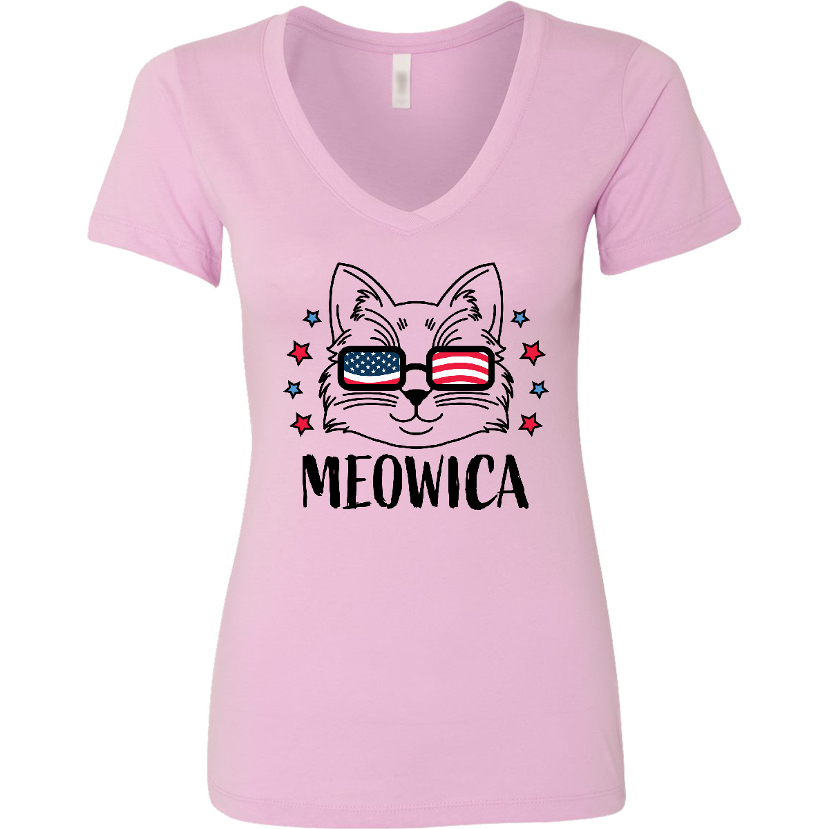 Inktastic 4th Of July Meowica Cat In Flag Sonnenbrille Damen V-Ausschnitt T-Shirt Tag - Bild 4 von 6