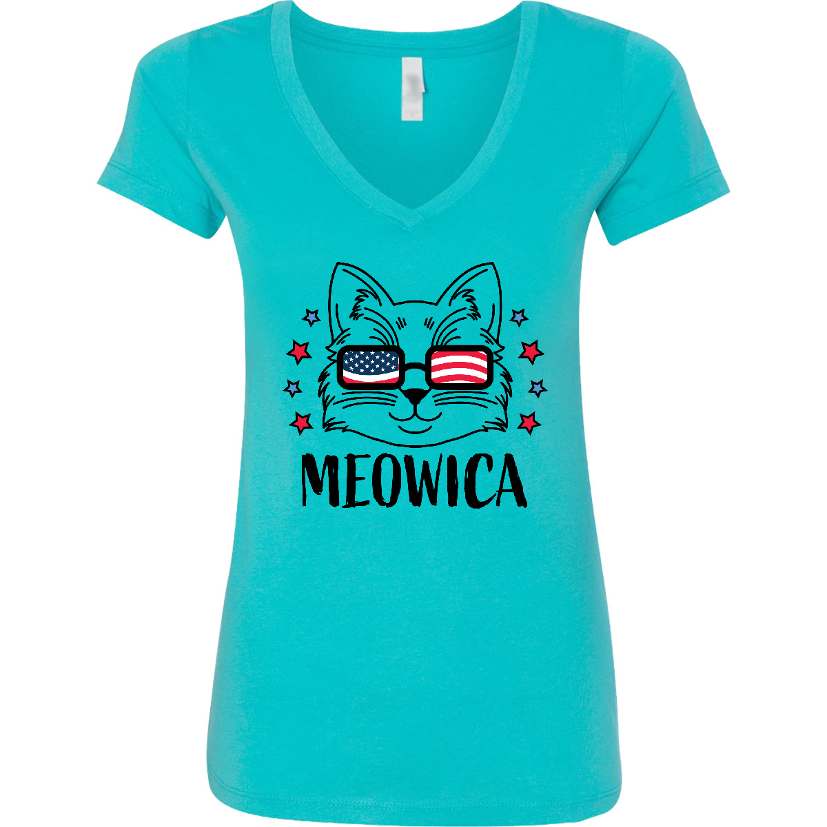 Inktastic 4th Of July Meowica Cat In Flag Sonnenbrille Damen V-Ausschnitt T-Shirt Tag - Bild 2 von 6
